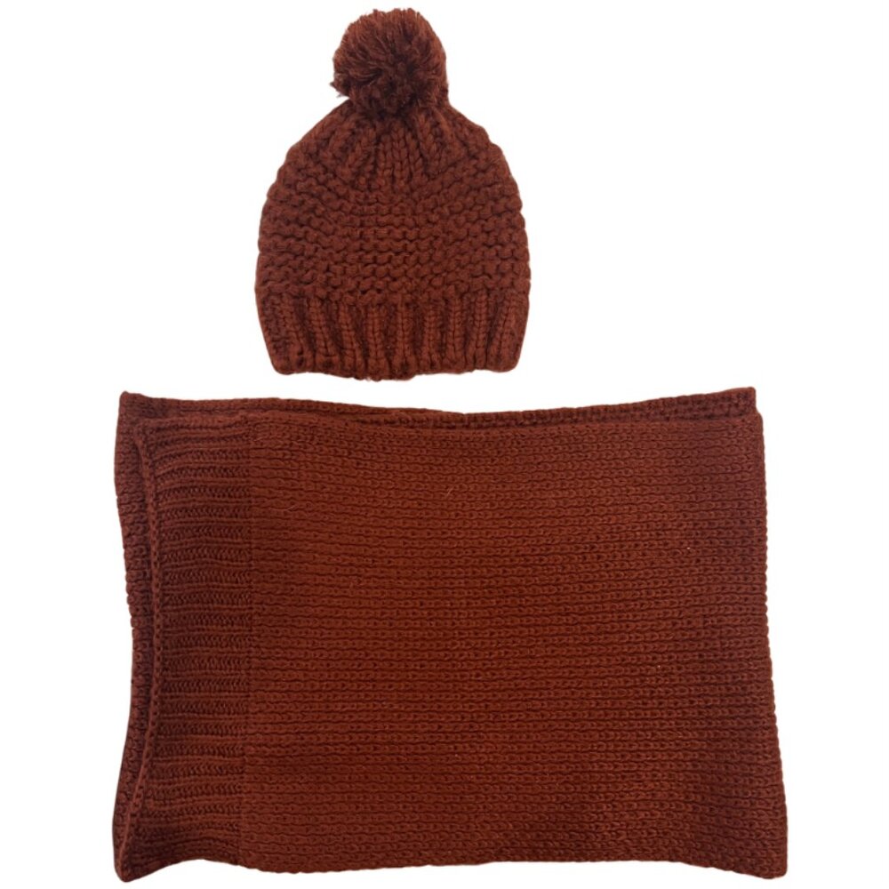 Galeries Lafayette Paris Knit Winter Pom Pom Beanie & Scarf Set Rust Orange